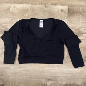 Gym Shark V Neck Cross Waist  Work Out Top Long Sleeve Black Medium